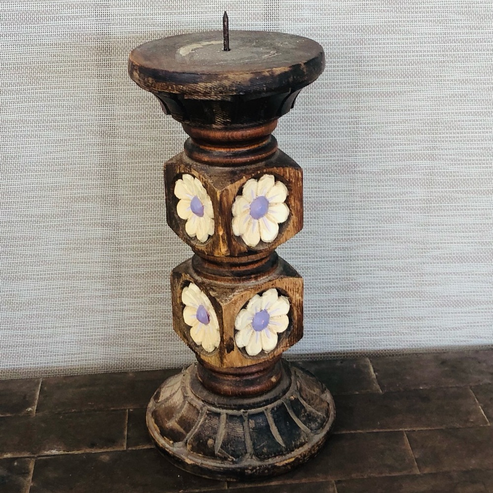 Vintage Carved Wood Floral Distressed Rustic Boho Candle Holder - Picture 1 of 9